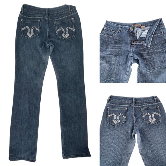 Give Me 5ive Mid Rise Denim Stretch Blue Jeans Bling Back Pocket Juniors Size 13 - Picture 3 of 14